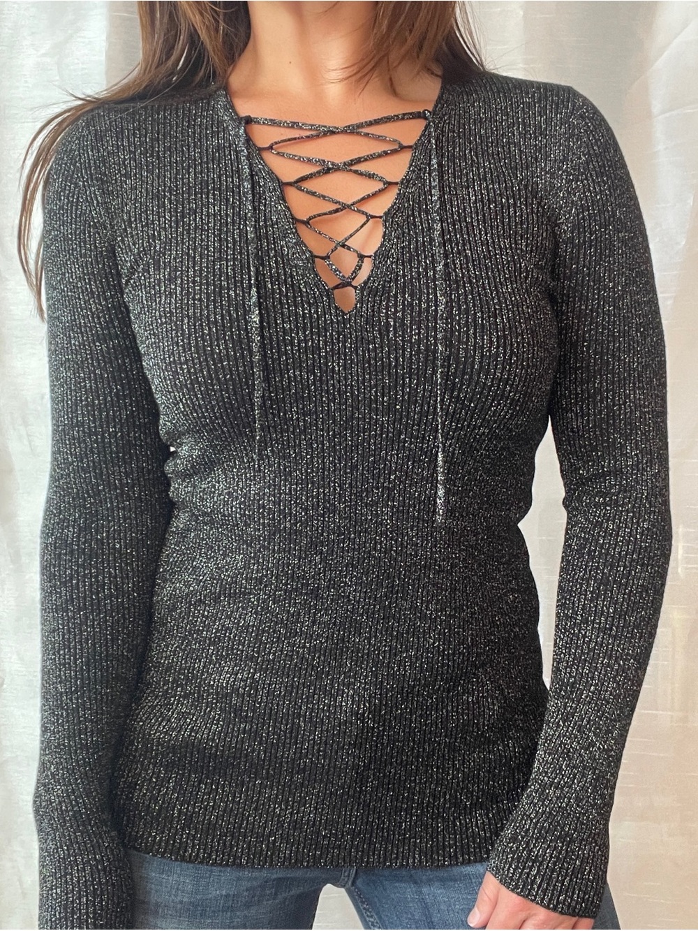 Sandro Paris Lace-Up Top Size XS/S Black Metallic Ribbed Knit Indie Sleaze Y2K